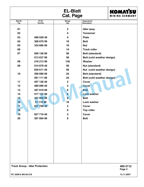 Komatsu PC3000-6 Hydraulic Mining Excavator Parts Manual G46218-4