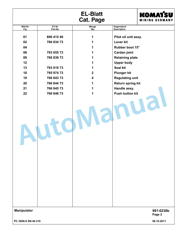Komatsu PC3000-6 Hydraulic Mining Excavator Parts Manual G46219-5