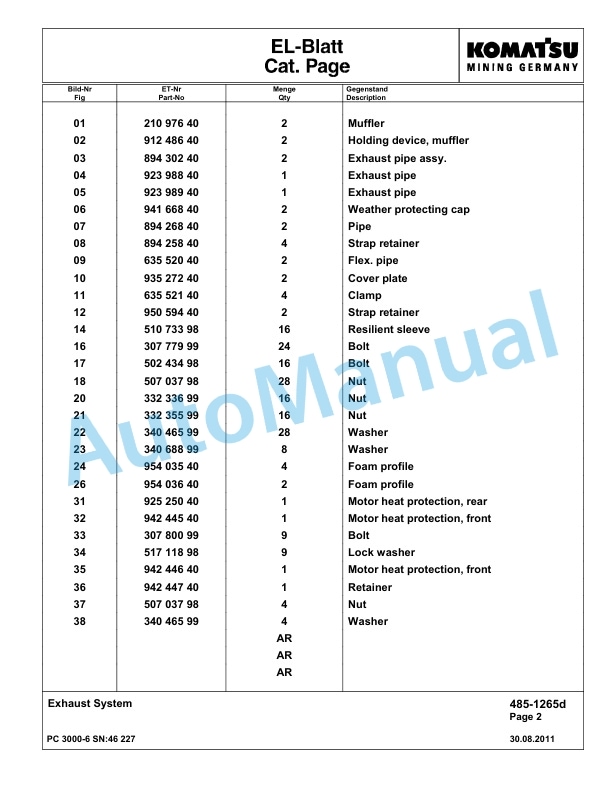 Komatsu PC3000-6 Hydraulic Mining Excavator Parts Manual G46227-2