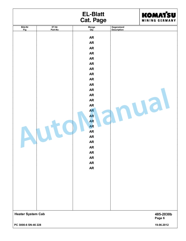 Komatsu PC3000-6 Hydraulic Mining Excavator Parts Manual G46228-3