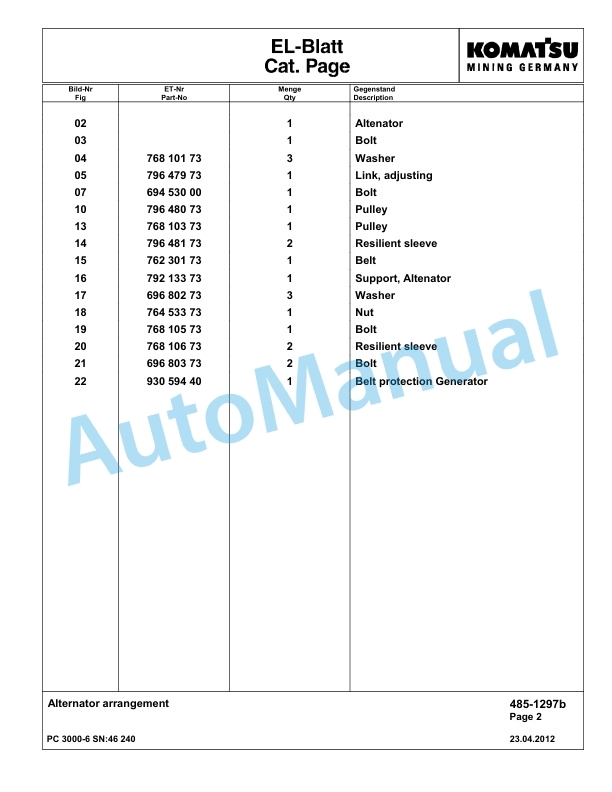 Komatsu PC3000-6 Hydraulic Mining Excavator Parts Manual G46240-2