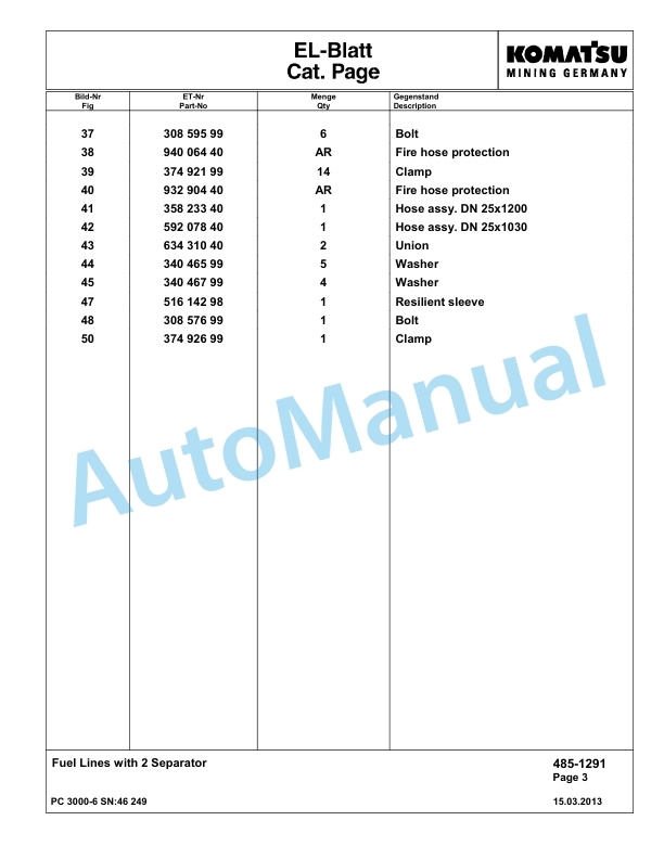 Komatsu PC3000-6 Hydraulic Mining Excavator Parts Manual G46249-2