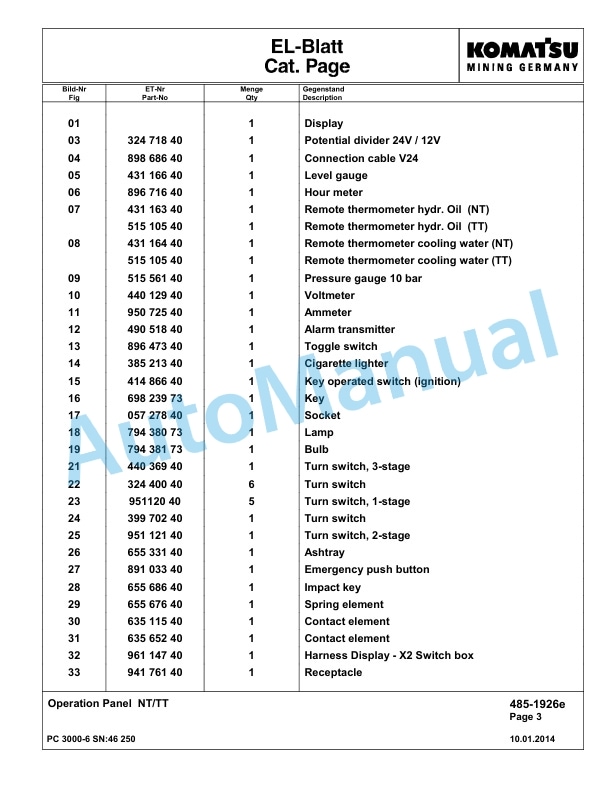 Komatsu PC3000-6 Hydraulic Mining Excavator Parts Manual G46250-3
