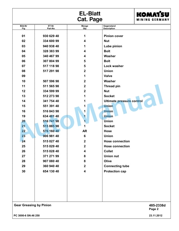 Komatsu PC3000-6 Hydraulic Mining Excavator Parts Manual G46250-4