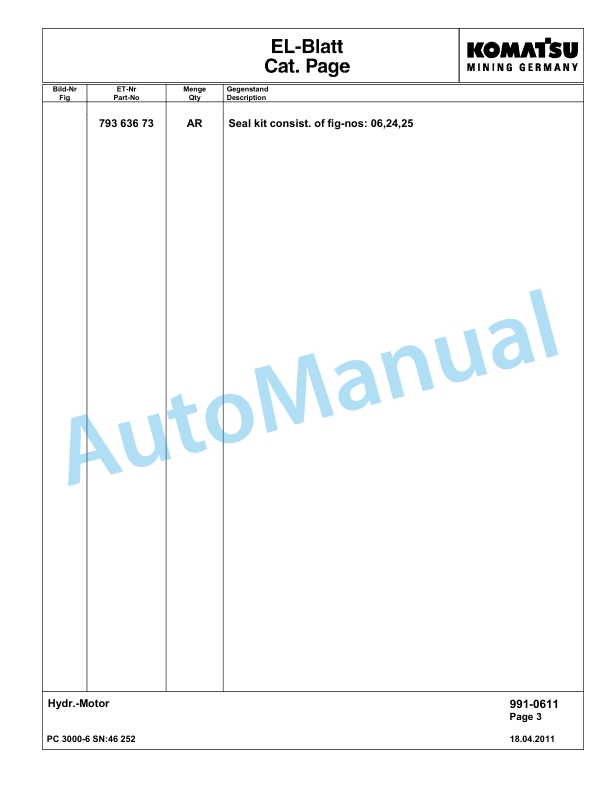 Komatsu PC3000-6 Hydraulic Mining Excavator Parts Manual G46252-5