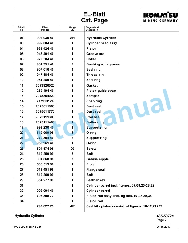 Komatsu PC3000-6 Hydraulic Mining Excavator Parts Manual G46256-3