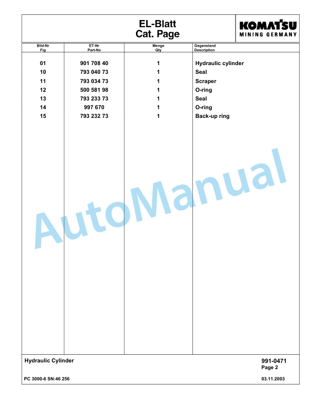 Komatsu PC3000-6 Hydraulic Mining Excavator Parts Manual G46256-5