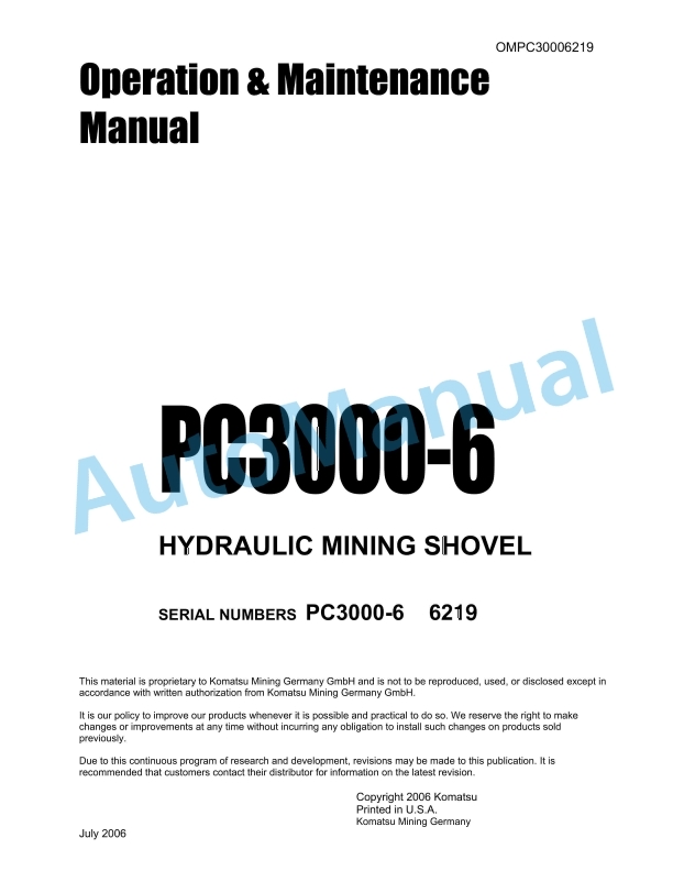 Komatsu PC3000-6 Hydraulic Mining Shovel Operation and Maintenance Manual OMPC30006219
