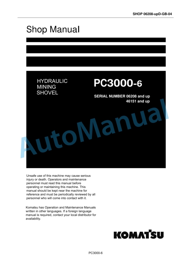 Komatsu PC3000-6 Hydraulic Mining Shovel Shop Manual 06208-upD-GB-04