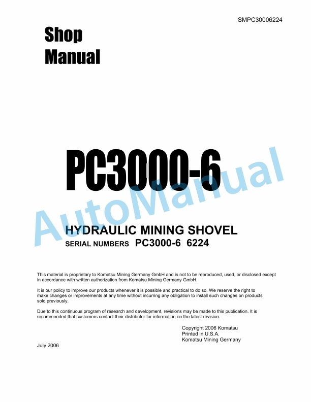 Komatsu PC3000-6 Hydraulic Mining Shovel Shop Manual SMPC30006224
