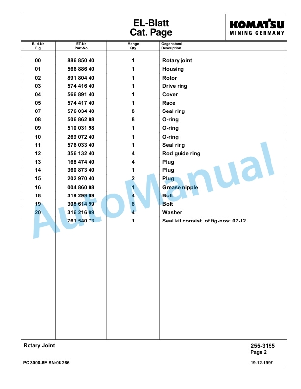 Komatsu PC3000-6E Hydraulic Mining Excavator Parts Manual G06266-3