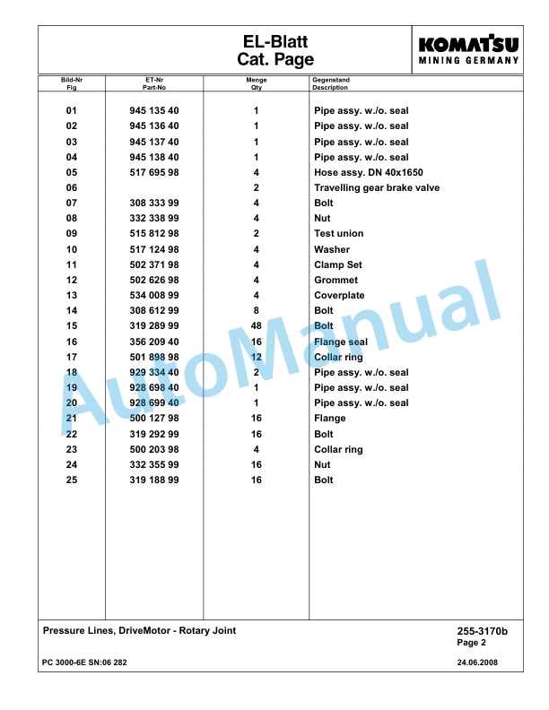 Komatsu PC3000-6E Hydraulic Mining Excavator Parts Manual G06282-3