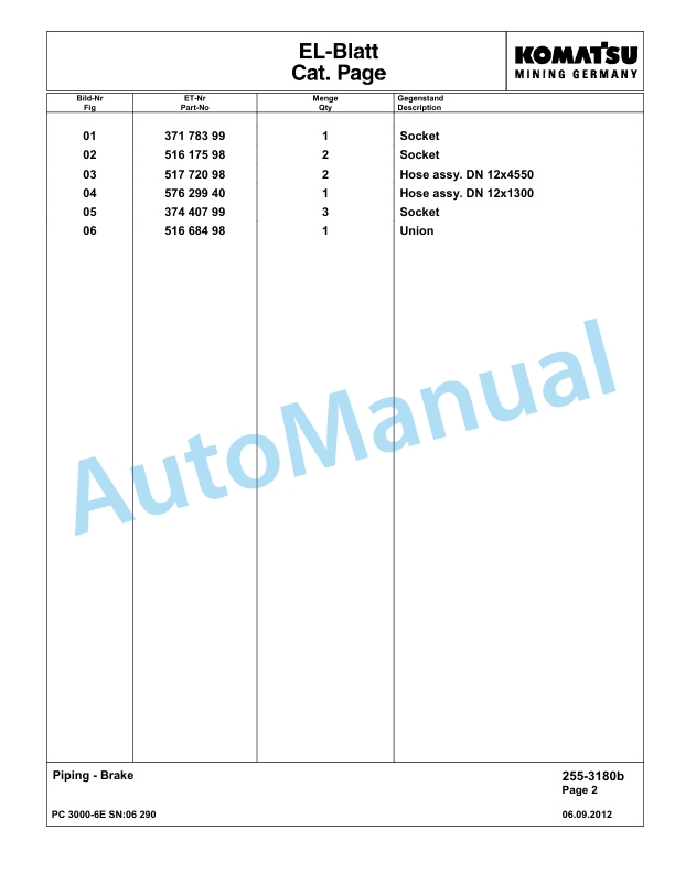 Komatsu PC3000-6E Hydraulic Mining Excavator Parts Manual G06290-3