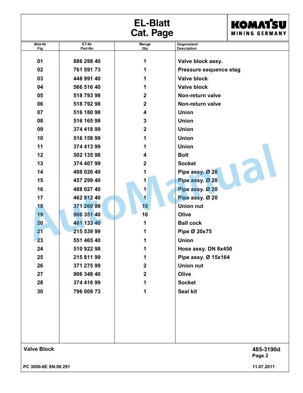 Komatsu PC3000-6E Hydraulic Mining Excavator Parts Manual G06291-4