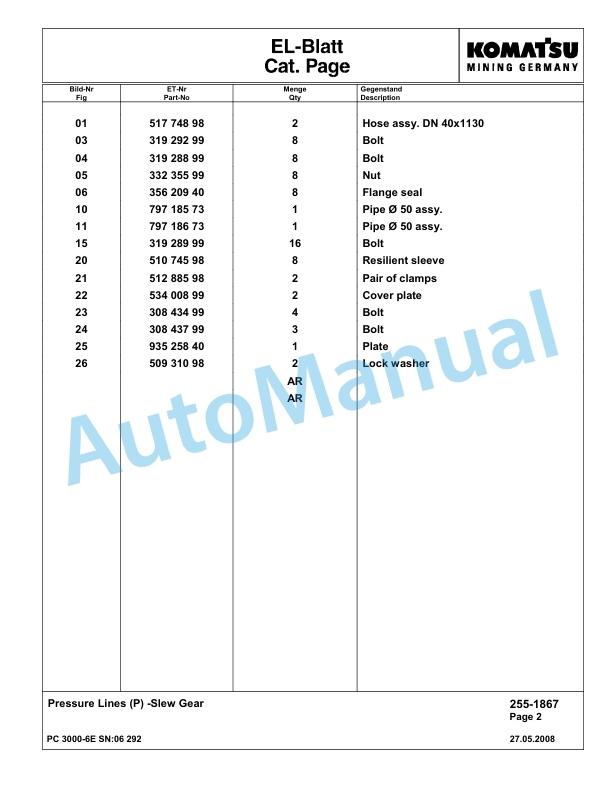 Komatsu PC3000-6E Hydraulic Mining Excavator Parts Manual G06292-2