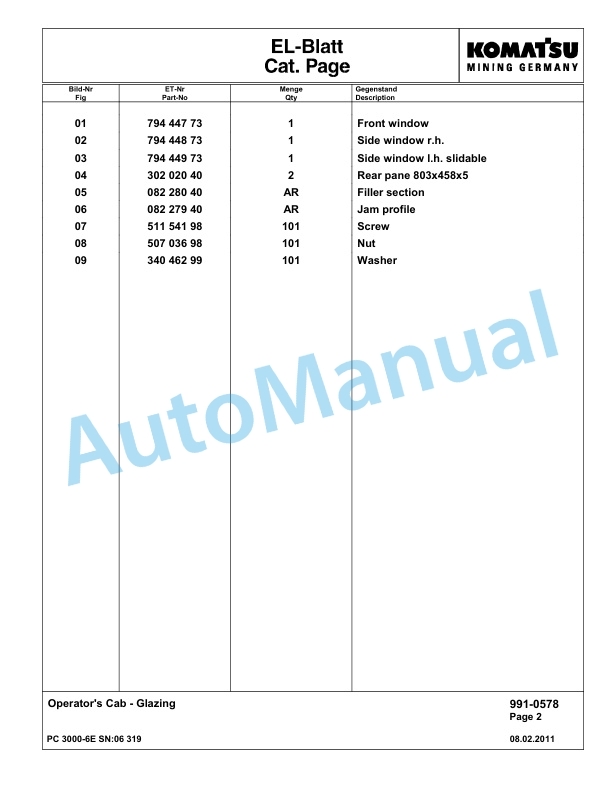Komatsu PC3000-6E Hydraulic Mining Excavator Parts Manual G06319-5