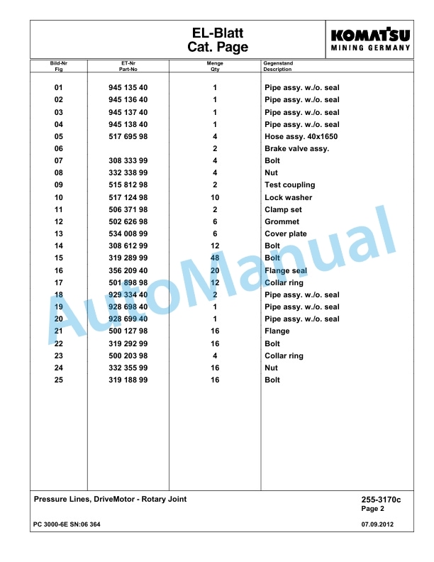 Komatsu PC3000-6E Hydraulic Mining Excavator Parts Manual G06364-3
