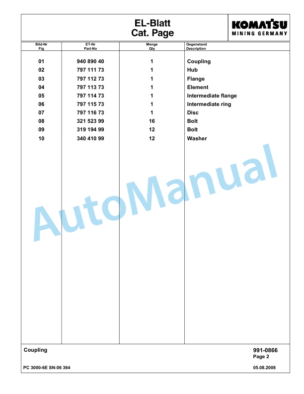 Komatsu PC3000-6E Hydraulic Mining Excavator Parts Manual G06364-5