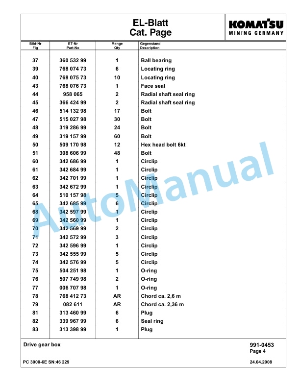 Komatsu PC3000-6E Hydraulic Mining Excavator Parts Manual G46229-5