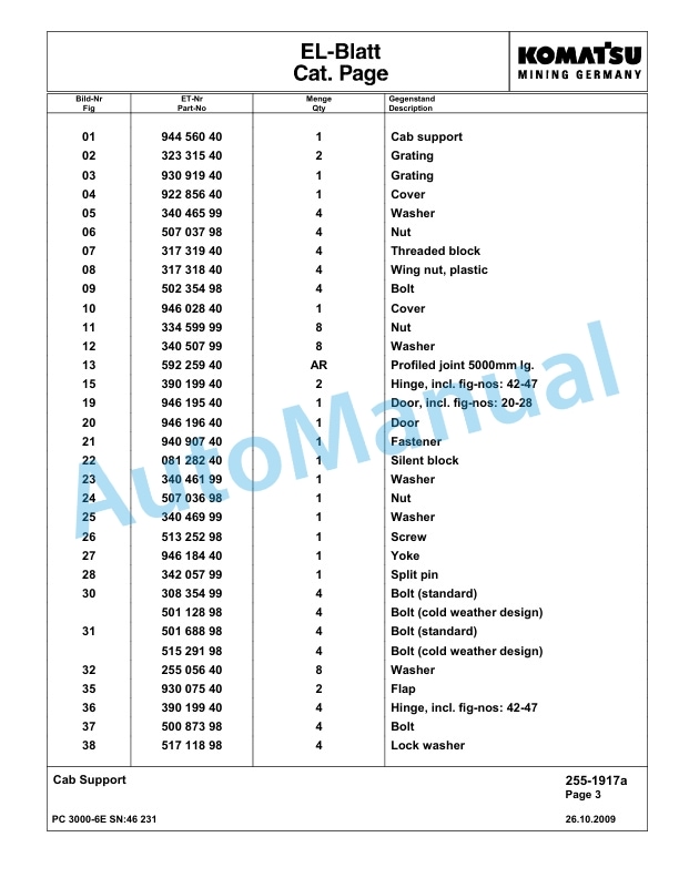 Komatsu PC3000-6E Hydraulic Mining Excavator Parts Manual G46231-2