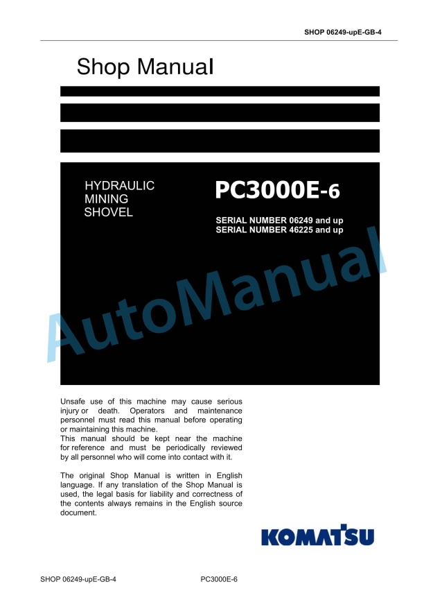 Komatsu PC3000E-6 Hydraulic Mining Shovel Shop Manual 06249-upE-GB-4