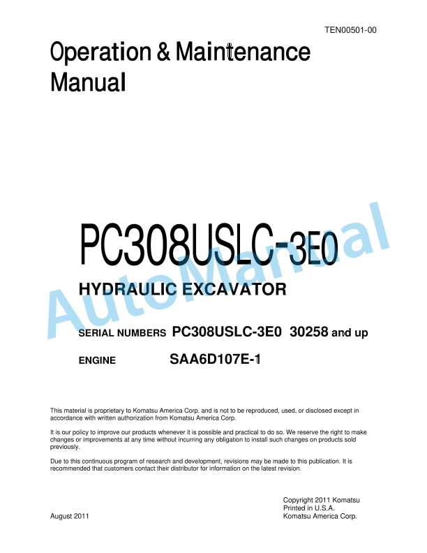 Komatsu PC308USLC-3E0 Hydraulic Excavator Operation and Maintenance Manual TEN00501-00