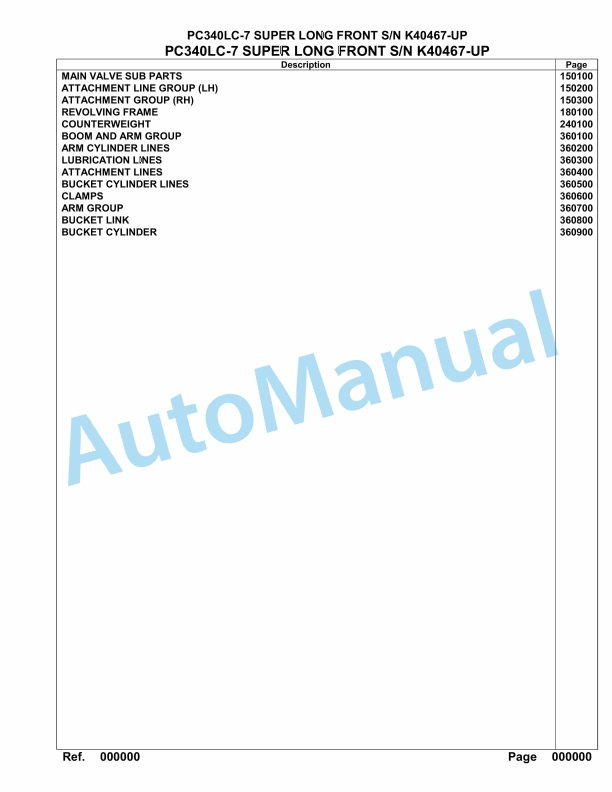 Komatsu PC340LC-7 Super Long Front Hydraulic Excavator Parts Manual K40467-UP