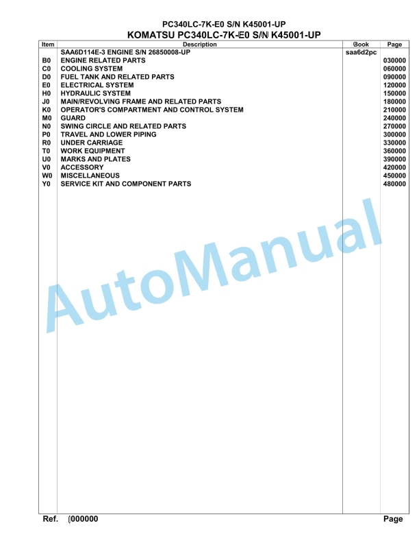 Komatsu PC340LC-7K-E0 Hydraulic Excavator Parts Manual SAA6D2PC