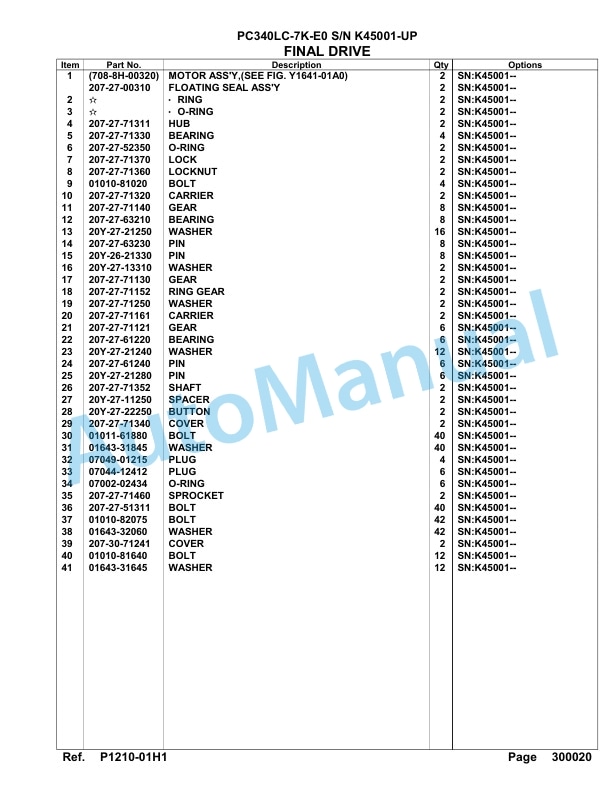 Komatsu PC340LC-7K-E0 Hydraulic Excavator Parts Manual SAA6D2PC-4