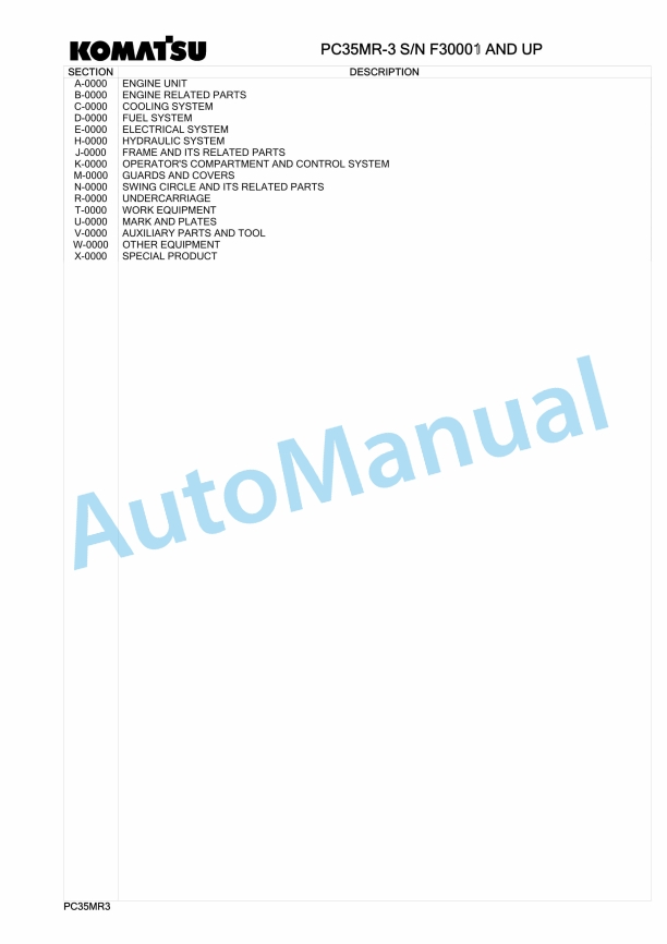 Komatsu PC35MR-3 Hydraulic Excavator Parts Manual F30001