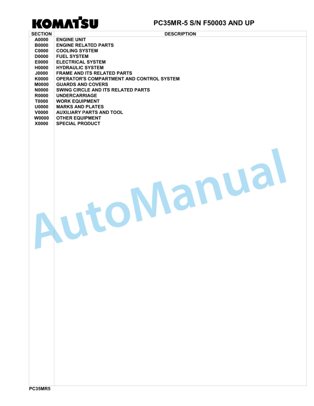 Komatsu PC35MR-5 Hydraulic Excavator Parts Manual F50003-UP