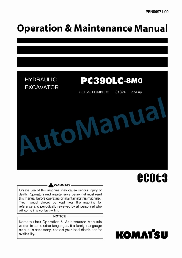 Komatsu PC390LC-8M0 Hydraulic Excavator Operation and Maintenance Manual PEN00971-00