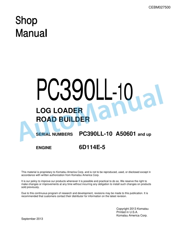 Komatsu PC390LL-10 Log Loader Shop Manual CEBM027500