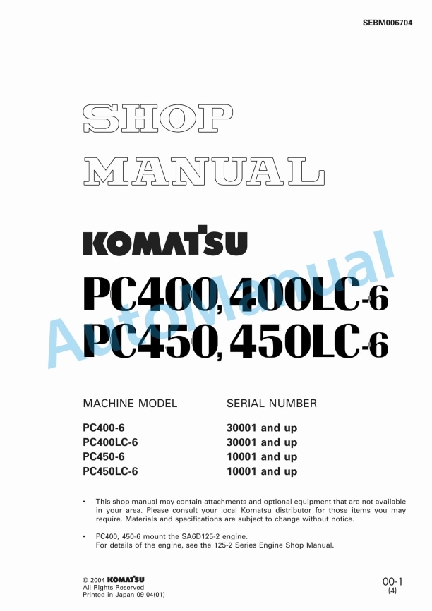 Komatsu PC400-6, PC400LC-6, PC450-6, PC450LC-6 Hydraulic Excavator Shop Manual SEBM006704