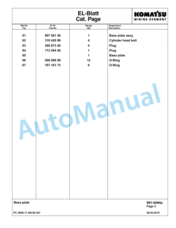 Komatsu PC4000-11 Hydraulic Excavator Parts Manual G08261-5