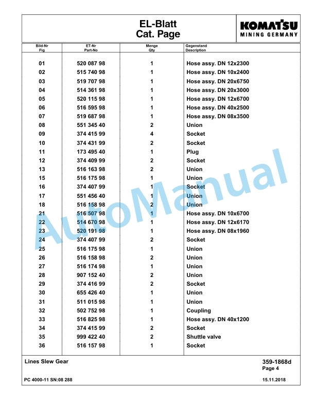 Komatsu PC4000-11 Hydraulic Excavator Parts Manual G08288-3