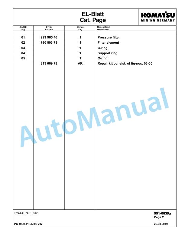 Komatsu PC4000-11 Hydraulic Excavator Parts Manual G08292-5