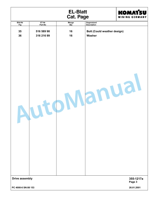Komatsu PC4000-6 Hydraulic Excavator Parts Manual G08153-2
