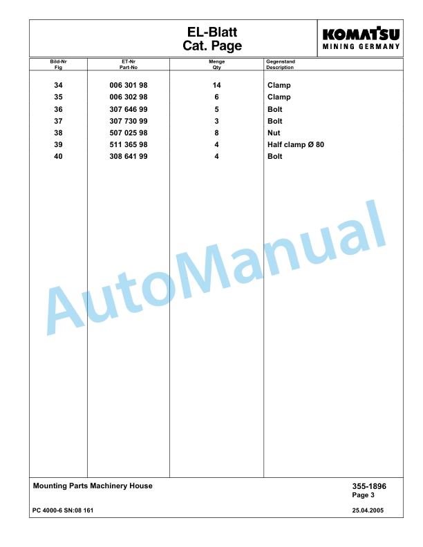 Komatsu PC4000-6 Hydraulic Excavator Parts Manual G08161-3