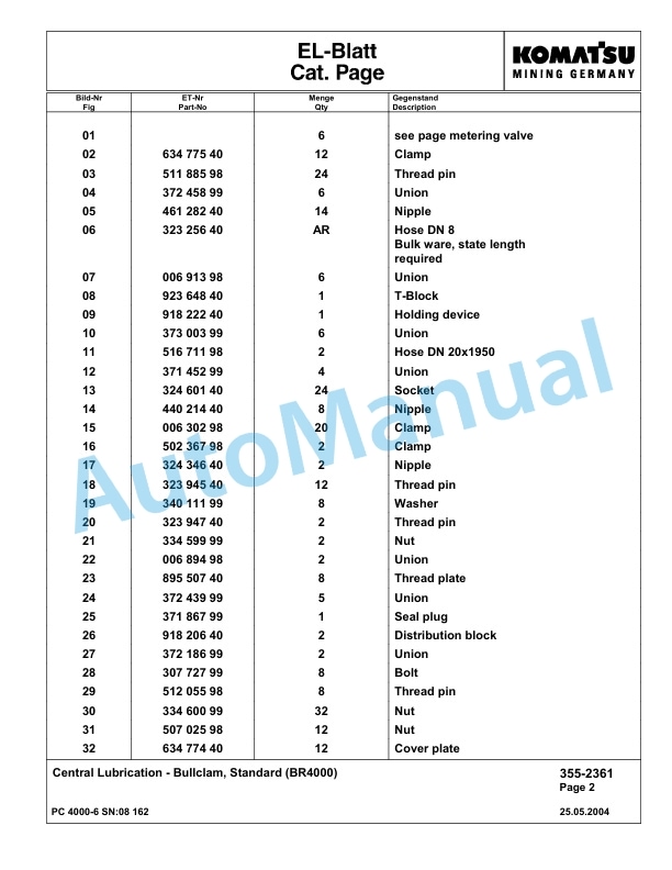 Komatsu PC4000-6 Hydraulic Excavator Parts Manual G08162-4