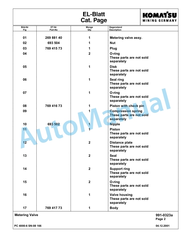 Komatsu PC4000-6 Hydraulic Excavator Parts Manual G08166-5