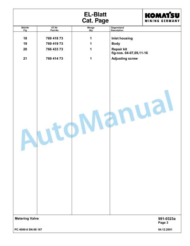 Komatsu PC4000-6 Hydraulic Excavator Parts Manual G08167-5