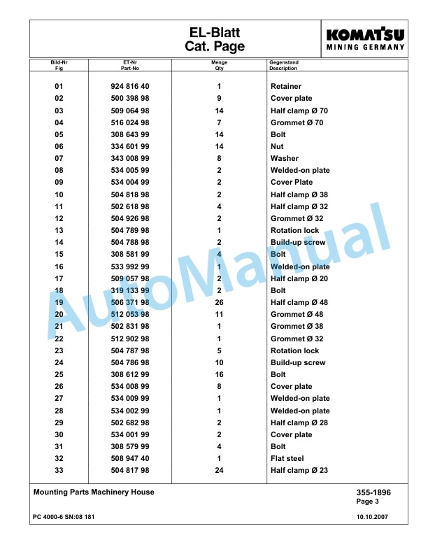 Komatsu PC4000-6 Hydraulic Excavator Parts Manual G08181-3