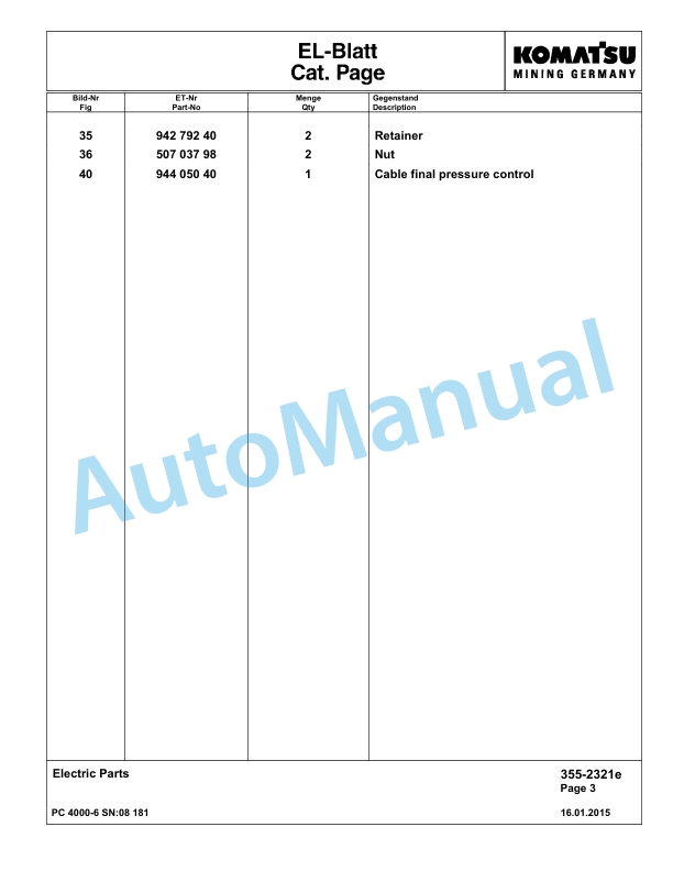 Komatsu PC4000-6 Hydraulic Excavator Parts Manual G08181-4