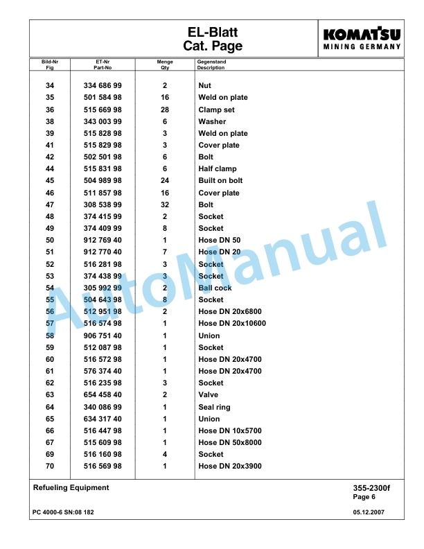 Komatsu PC4000-6 Hydraulic Excavator Parts Manual G08182-4