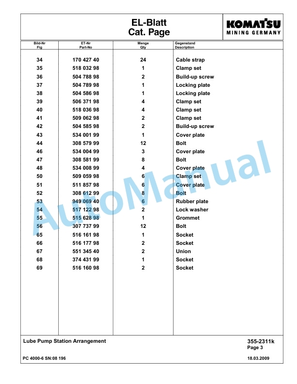Komatsu PC4000-6 Hydraulic Excavator Parts Manual G08196-4