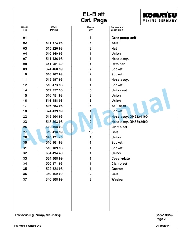 Komatsu PC4000-6 Hydraulic Excavator Parts Manual G08216-2