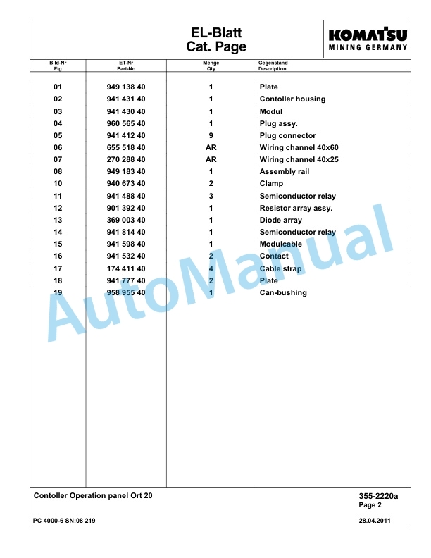 Komatsu PC4000-6 Hydraulic Excavator Parts Manual G08219-3