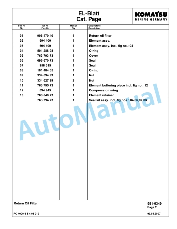 Komatsu PC4000-6 Hydraulic Excavator Parts Manual G08219-5