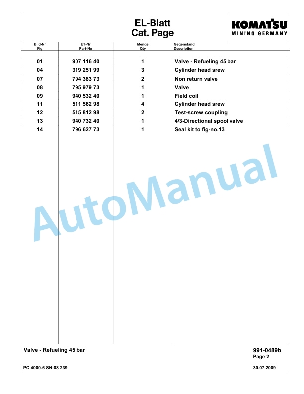 Komatsu PC4000-6 Hydraulic Excavator Parts Manual G08239-5